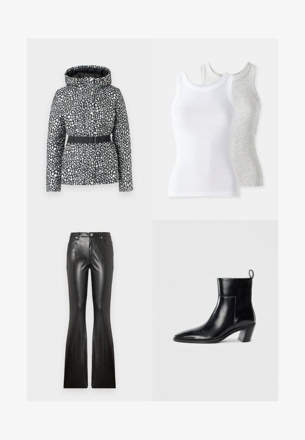 Gewatteerde jas met een zwart-wit gespikkeld patroon, voorzien van een capuchon, een tailleband met riem en een drukknoopsluiting. Gladde textuur.; Twee mouwloze tanktops: één witte met geribbeld textuur en één lichtgrijze met een subtiel heatherpatroon. Beide hebben een ronde hals.; Zwarte leren flared broeken met een gladde textuur, vijf zakken, een sluiting met knoop aan de voorkant en een getailleerd silhouet door de dijen.; Zwarte leren enkelboot met een spitse neus, een geometrische gestapelde hak en een trekband aan de achterkant. Gladde textuur en slank ontwerp.