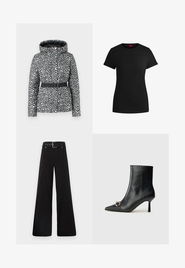 Toppitud jope musta-valge täpilise mustriga, millel on kapuuts, vööga talje ja pressnuppudega sulgur. Sile tekstuur.; Must must t-särk lühikeste keeratud varrukatega, ümmarguse kaeluse ja punase etiketiga. Sile tekstuur, sobiv kuju minimaalsete detailidega.; Mustad laiad mustad püksid, mis on valmistatud puuvillast, kõrge vöökoha, suurte küljetaskute ja kumerate rihmadega, kus on hõbedased detailid.; Must mustanvärvi nahast pahklinetopp, millel on terav nina, peen keskmise kõrgusega konts ja hõbedane keha detail külgedel, taustal lihtne taust.