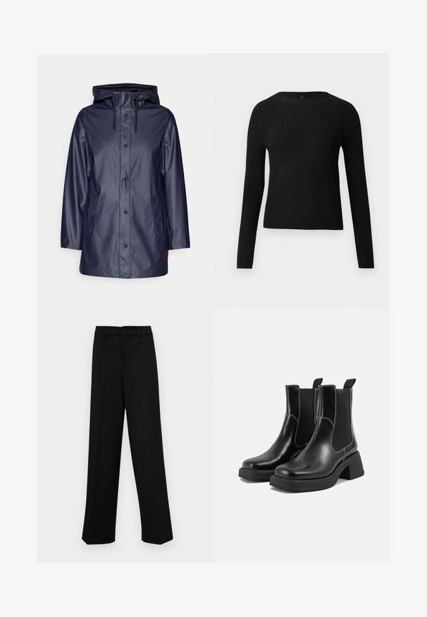 Palton impermeabil bleumarin cu glugă, cu un închidere prin capse, două buzunare laterale și șnururi negre. Textură netedă și lucioasă.; Pulover negru cu mâncă lungă, cu textură ribbed, cu decolteu rotund, expus pe un fundal deschis și simplu.; Pantaloni negri cu croi larg, dintr-un material neted, având un talie clasică cu închidere prin buton și plisuri frontale.; Botine Chelsea din piele neagră, cu toc masiv, panouri laterale elastice și cusături albe contrastante. Finisaj texturat.