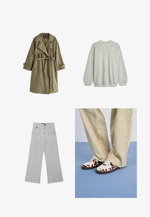 Olive green trench coat with a double-breasted design, wide collar, long sleeves, a tied waist belt, and two side pockets.; Gray sweatshirt made of soft fabric, featuring a crew neck, long sleeves with elastic cuffs, and a relaxed fit. No patterns or accents.; Wide-leg trousers in light gray denim, featuring two front pockets, metal button closures, and a clean finish with hemmed edges.; White and brown patterned sneakers with mesh and leather, featuring brown rubber soles. Paired with light beige wide-leg pants.