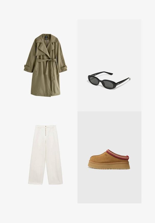 Olivgrüner Trenchcoat mit doppelter Knopfleiste, weitem Kragen, langen Ärmeln, einem gebundenen Taillengürtel und zwei seitlichen Taschen.; Dunkelblauer Denim-Stoff mit einer glatten Textur, der kontrastierende orangefarbene Nähte und gefaltetes Material aufweist, was seine Tiefe und Detailreichhaltigkeit betont.; Weite Hosen aus off-weißem Baumwollstoff. Mit einem Reißverschluss vorne und zwei Eingrifftaschen. Glatte Textur und lockerer Schnitt.; Braune Wildleder-Slipper mit rot-creamfarbenem gemusterten Besatz, strukturiertem Absatz und UGG-Logo an der Seite. Verfügt über eine leichte Plattformhöhe.; Schwarze Sonnenbrille mit ovalen Gläsern, glänzendem Kunststoffrahmen und schlanken Bügeln. Mit Ray-Ban-Logo in Weiß an der Seite.; Rote Leder-Schultertasche mit einem geschwungenen Design, glatter Textur und einem Reißverschluss. Sie verfügt über einen dünnen Henkel zum Tragen.