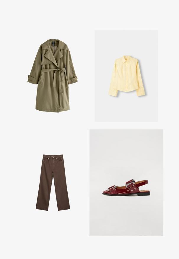 Olijfgroene trenchcoat met een dubbele rij knopen, brede kraag, lange mouwen, een strikceintuur en twee zijzakken.; Geel gestreept overhemd met lange mouwen, puntige kraag en knoopsluiting aan de voorkant. Beschikt over verticale blauwe strepen en een getailleerde pasvorm.; Brede bruine spijkerbroek van denim, met een hoge taille, voorzakken en een klassieke knoopsluiting. Soepele textuur met subtiele stiksels.; Bordeaux glanzend leren slingback-schoenen met een spitse neus, voorzien van twee verstelbare gespsluitingen en accenten van zilverhardware.