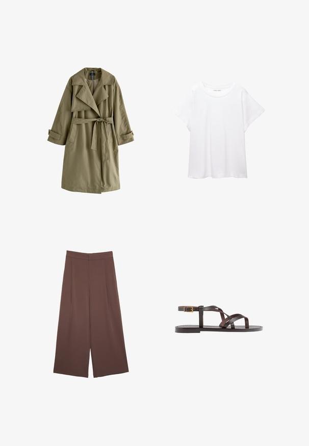 Olivno zelena plašč s dvojno zapenjanjem, širokim ovratnikom, dolgimi rokavi, pasom na vezi in dvema stranskima žepoma.; Bela majica s kratkimi rukavi, izdelana iz mehkega in lahkega blaga. Ima okroglo ovratnico ter kratke, široke rokave z udobnim krojem. Brez vidnih vzorcev.; Rjave široke hlače z gladko teksturo, ki imajo visok pas in sprednje naborke. Tkanina je lahka in prosto pada.; Rjav usnjen sandal z načinom prečnega črta, zaklepom okoli gležnja in ravnim podplatom z minimalnimi šivi.