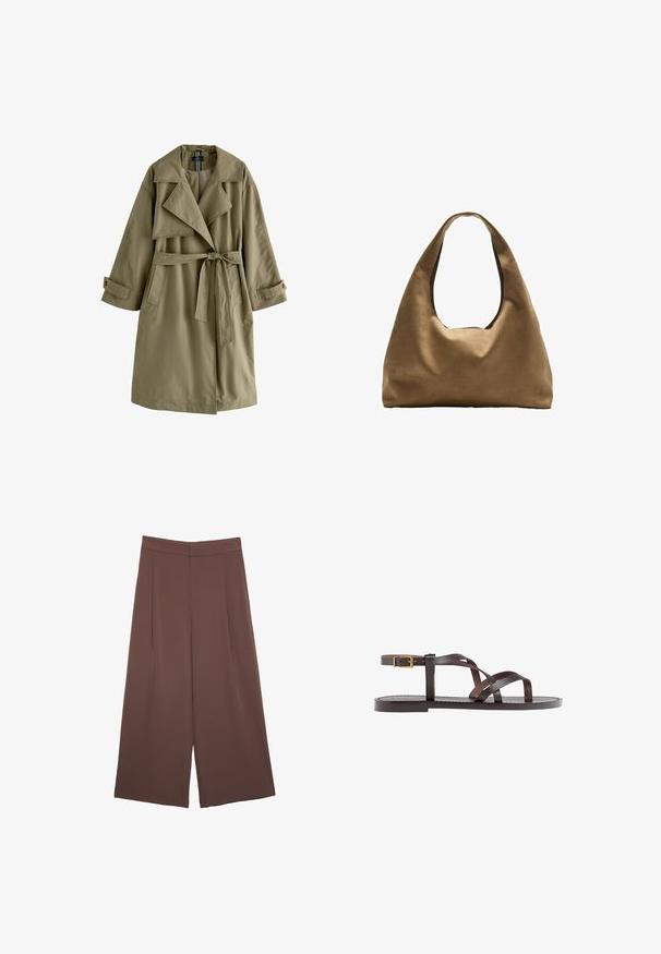 Olivově zelený trenčkot s dvouřadým designem, širokým límcem, dlouhými rukávy, zavazovacími pásky v pase a dvěma bočními kapsami.; Bílý bavlněný tričko s krátkým rukávem a kulatým výstřihem. Jednoduchý design, volný střih, hladká textura. Žádné vzory ani zvýraznění nejsou viditelné.; Hnědé široké kalhoty s hladkou texturou, vysokým pasem a předními záhyby. Materiál je lehký a volně splývá.; Hnědé kožené sandály s kříženými pásky, uzavřením na přezku u kotníku a plochou podrážkou s minimem švů.; Hnědá textilní taška přes rameno s širokým, zaobleným tvarem a velkým výřezem na rukojeť. Měkká textura, minimalistický design a žádné viditelné kovové prvky.