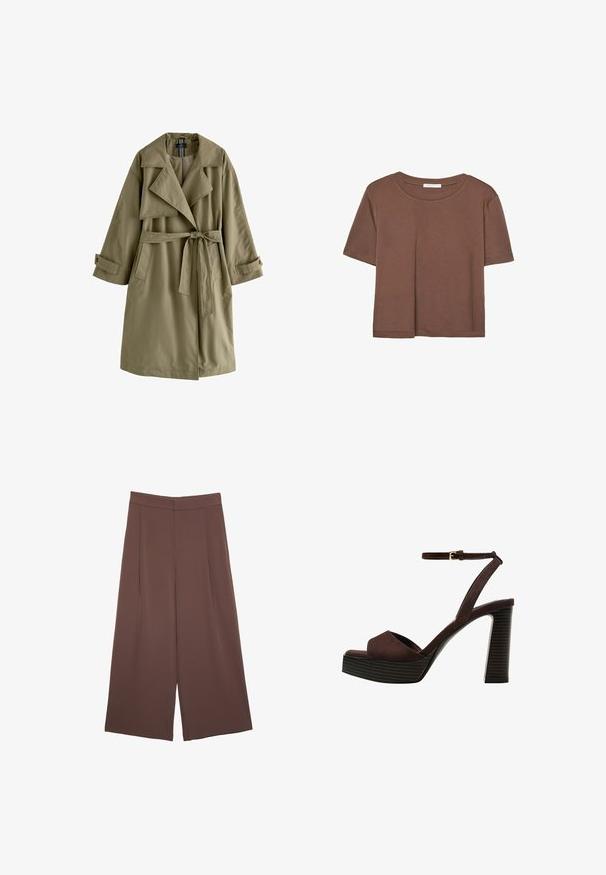 Trench coat verde oliva con design doppiopetto, ampio colletto, maniche lunghe, cintura legata in vita e due tasche laterali.; Maglietta a maniche corte marrone realizzata in tessuto morbido, con scollatura rotonda e vestibilità rilassata. Nessun motivo o dettaglio visibile.; Pantaloni ampi marroni con una texture liscia, caratterizzati da una vita alta e pieghe frontali. Il tessuto è leggero e scorre liberamente.; Sandal in camoscio marrone con tacco alto, punta aperta, cinturino alla caviglia regolabile e suola a piattaforma striata.