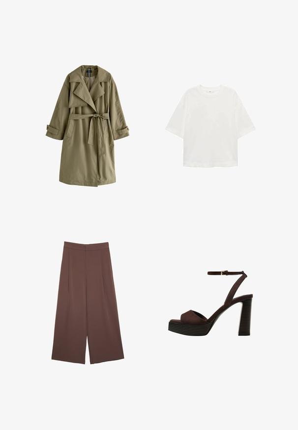 Trench coat verde oliva con design doppiopetto, ampio colletto, maniche lunghe, cintura legata in vita e due tasche laterali.; T-shirt bianco a maniche corte con scollo rotondo, vestibilità comoda, realizzato in un tessuto morbido. Senza fantasie o dettagli, con orlo standard.; Pantaloni ampi marroni con una texture liscia, caratterizzati da una vita alta e pieghe frontali. Il tessuto è leggero e scorre liberamente.; Sandal in camoscio marrone con tacco alto, punta aperta, cinturino alla caviglia regolabile e suola a piattaforma striata.