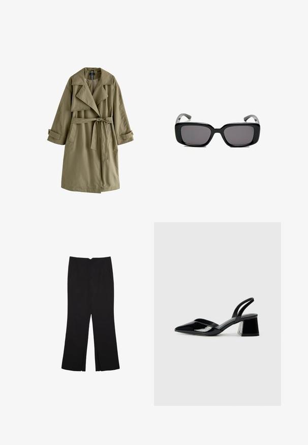 Manteau trench vert olive avec un design à double boutonnage, un large col, des manches longues, une ceinture à nouer à la taille et deux poches latérales.; T-shirt noir à manches courtes en coton. Présente un col rond et une coupe ample avec une texture lisse et unie. Aucun motif ni accent visible.; Pantalon noir avec une coupe droite, doté de poches avant et d'éclairs sur l'ourlet. Fabriqué en tissu doux et lisse. Convient à diverses occasions.; Escarpins en cuir verni noir avec bout pointu et talon bloc géométrique. Présente un design élégant et minimaliste ainsi qu'une texture lisse.; Lunettes de soleil noires rectangulaires avec des verres foncés, monture en plastique lisse et branches courbées. Le design est épais avec une esthétique minimaliste.