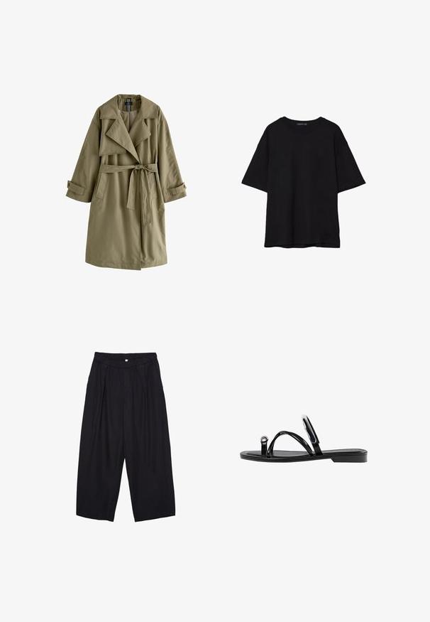 Olivivihreä trench-takki, jossa on kaksoisnapitus, leveä kaulus, pitkät hihat, solmittava vyö ja kaksi sivutaskua.; Musta puuvillainen t-paita, jossa on rento leikkaus, lyhyet hihat, pyöreä pääntie ja sileä rakenne. Ei näkyviä kuvioita tai yksityiskohtia.; Musta polyesterinen culotte-housut, jossa on joustava vyötärö, kaksi etupleettiä ja löysä siluetti. Ei näkyviä kuvioita tai metallisia yksityiskohtia.; Mustat litteät sandaalit, joissa on kiiltävä pinta, kolme ohutta hihnaa ja pyöreä metalliosuus varpaissa. Tyylikäs muotoilu, jossa on minimaalinen kantapää.