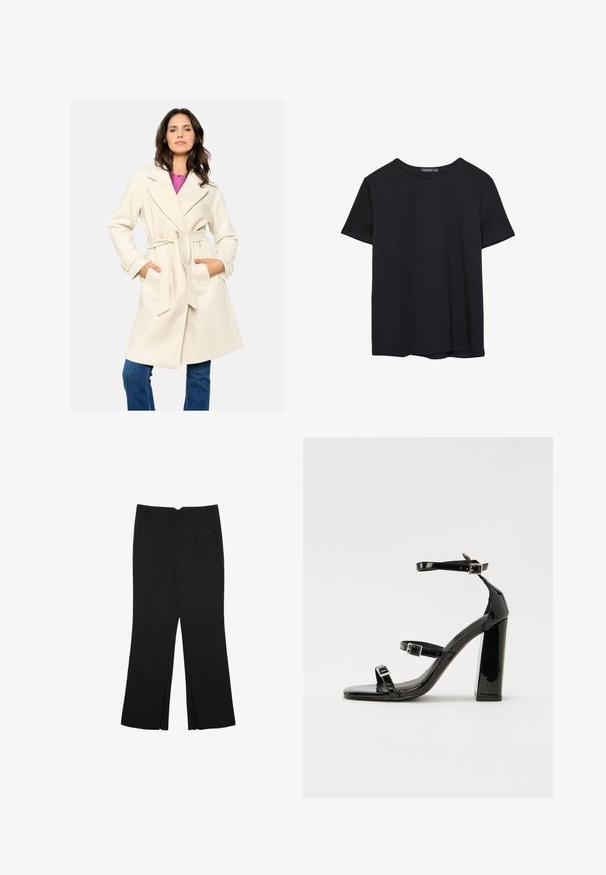 Krema barve plašč z pasom in ovratnikom, dvema sprednjima žepoma in teksturirano tkanino. Nošen preko roza majice in ujemajoč z modrimi kavbojkami.; Enostavna črna bombažna majica s kratkimi rokavi in okroglim izrezom, prikazana na belem ozadju.; Črne hlače ravnega kroja z naglavnimi žepi in stranskimi razporki na robu. Narejene iz mehke, gladke tkanine. Primerne za različne priložnosti.; Črne lakirane sandale s peto, kvadratnim prstom, trakovi okrog gležnja in srebrnimi zaponkami. Opremljene so s stabilno Debelo peto.