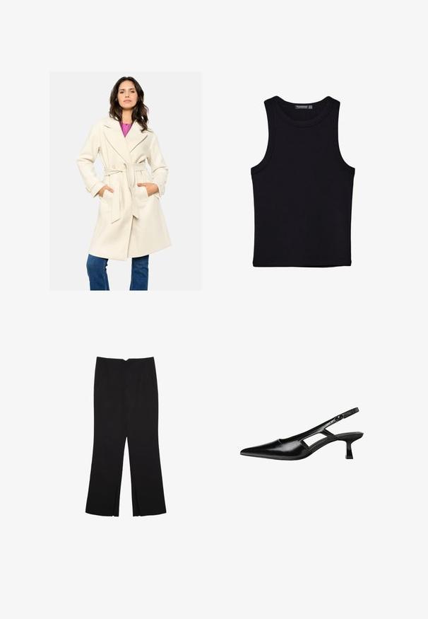 Krema barve plašč z pasom in ovratnikom, dvema sprednjima žepoma in teksturirano tkanino. Nošen preko roza majice in ujemajoč z modrimi kavbojkami.; Črna majica brez rokavov iz bombaža, z okroglim izrezom in širokimi odprtinami za roke. Gladka tekstura s šivi na robovih. Klasičen, minimalističen dizajn.; Črne hlače ravnega kroja z naglavnimi žepi in stranskimi razporki na robu. Narejene iz mehke, gladke tkanine. Primerne za različne priložnosti.; Črne patentični usnjeni salonarji s slingback designom, z zašiljenim nosom, izrezanim stranskim dizajnom in majhnim kvadratnim peto. Gladka tekstura z minimalnimi detajli.