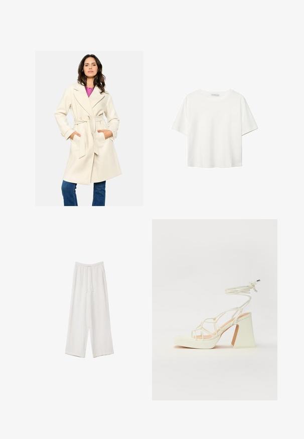 Krema barve plašč z pasom in ovratnikom, dvema sprednjima žepoma in teksturirano tkanino. Nošen preko roza majice in ujemajoč z modrimi kavbojkami.; Bela kratka majica s kratkimi rokavi iz bombaža. Ima okroglo izrezovanje in sproščen kroj. Gladka tekstura brez vidnih vzorcev ali poudarkov.; Bele široke hlače iz lahkega materiala. Imajo elastičen pas s vrvico in stranske žepe. Gladka tekstura.; Bela sandala na visokih petah s debelim petam, ki ima obliko trakcev in vezanje okoli gležnja. Gladka tekstura z platformo spredaj za dodatno višino.