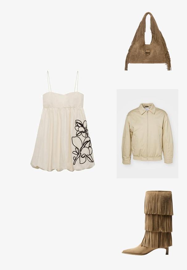 Béžová zipová bunda s límcem, elastickými rukávy a pasem. Má boční kapsy a diskrétní logo na hrudi. Hladký textilní povrch.; Bílá bezrukávová šaty s přiléhavým korzetem a rozšířenou sukní, s černou květinovou výšivkou na levé straně. Hladká textury látky.; Pohodlné kotníkové boty v hnědé nubukové kůži s třemi vrstvami třásní. Špičatá špička a nízký blokový podpatek. Hladký povrch po celé délce.; Semišová taška v tan barvě s ramenním popruhem, třásňovými okraji, kulatým kroužkovým kováním a dekoračním prošíváním se stříbrnými hroty.