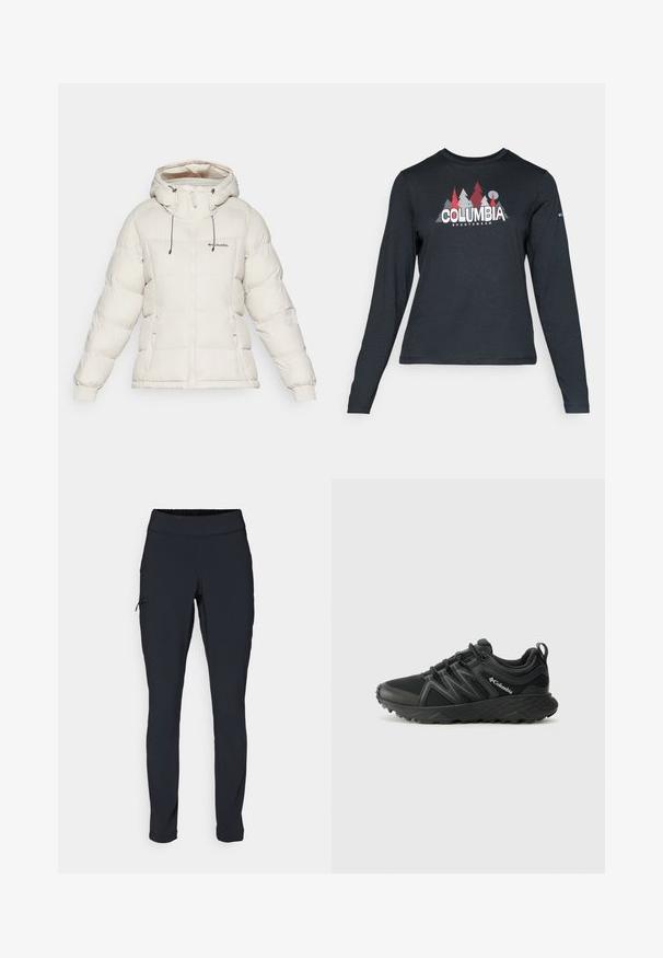 Columbia PIKE LAKE™ II INSULATED JACKET - Zimska jakna - dark stone; Majica dugih rukava tamnosive boje s grafikom crvenih drveća i planina; logo "COLUMBIA" u podebljanom bijelom tekstu. Mekana tkanina, standardni okrugli izrez.; Crne atletske hlače Slim fit kroja, s elastičnom sredinom i bočnim džepom sa zatvaračem. Glatka, rastezljiva tkanina s minimalnim šavovima.; Columbia PEAKFREAK - Obuća za pješačenje - black