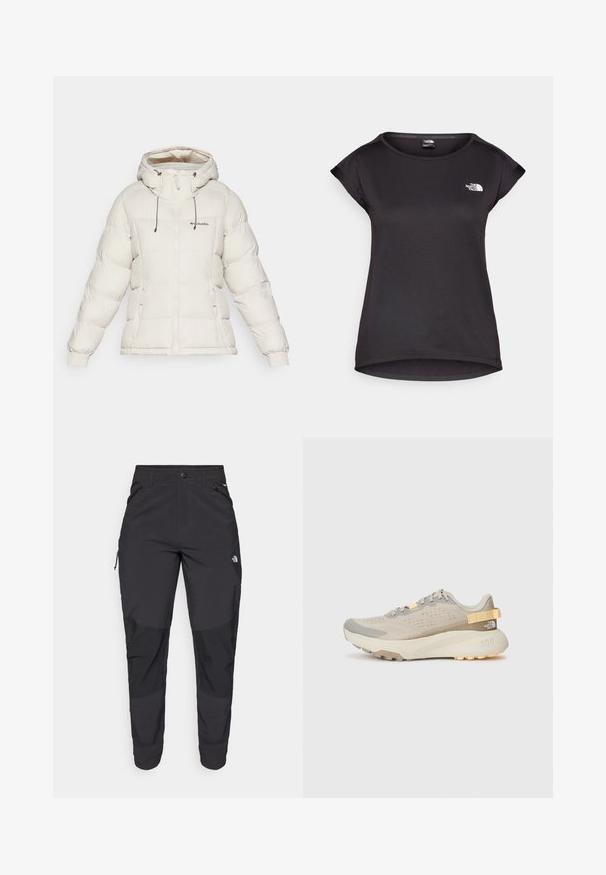Columbia PIKE LAKE™ II INSULATED JACKET - Vinterjacka - dark stone; The North Face TANKEN TANK - T-shirt till träning - black; Svarta utomhusbyxor gjorda av slitstarkt material. Har fickor med dragkedja, förstärkta knäpaneler och en rak skärning för rörlighet.; Ljusbeige löparskor med ett texturerat mesh-övre, grå accenter, hållbar gummisula och en bakre dragflik för enkel påtagning.