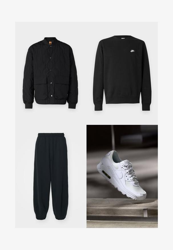 Timberland WATER REPELLENT QUILTED JACKET - Bomber Jacket - black; Black sweatshirt made of cotton, featuring a round neck, long sleeves, and a small white Nike logo on the upper left chest.; Black, elasticated-waist sweatpants with a loose fit, cuffed ankles, smooth texture, and no visible patterns or hardware accents.; White Nike Air Max 90 sneaker featuring a mesh and leather upper, perforated toe box, and a visible air unit in the heel.