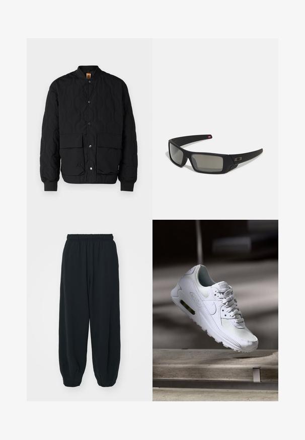 Timberland WATER REPELLENT QUILTED JACKET - Chaquetas bomber - black; Sudadera negra de algodón, con cuello redondo, mangas largas y un pequeño logo blanco de Nike en el pecho superior izquierdo.; Pantalones de chándal negros con cintura elástica, de corte holgado, con puños en los tobillos, textura suave y sin patrones visibles ni acentos metálicos.; Zapatilla Nike Air Max 90 blanca con parte superior de malla y cuero, caja de puntera perforada y unidad de aire visible en el talón.; Gafas de sol negras con acabado mate, lentes rectangulares, ligera curvatura en las patillas, sutil detalle del logo y lentes ahumados.