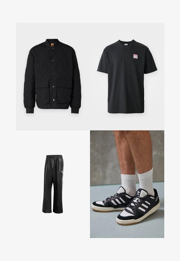 Timberland WATER REPELLENT QUILTED JACKET - Bomber stiliaus striukė - black; Juodas medvilnės marškinėliai su apvaliu kaklu, trumpomis rankovėmis ir mažyte spalvota etikete kairėje krūtinės pusėje, ant kurios užrašyta "SUPERIOR."; Juodos sintetinių medžiagų treniruočių kelnės su elastingu juosmeniu, su baltomis šoninėmis juostelėmis ir mažuoju baltu logotipu kairėje klubo pusėje.; Juodos ir baltos sportinės bateliai su zomšiniu ir odiniu viršumi, su trimis baltomis juostelėmis, perforuota koja ir guminėmis padais.