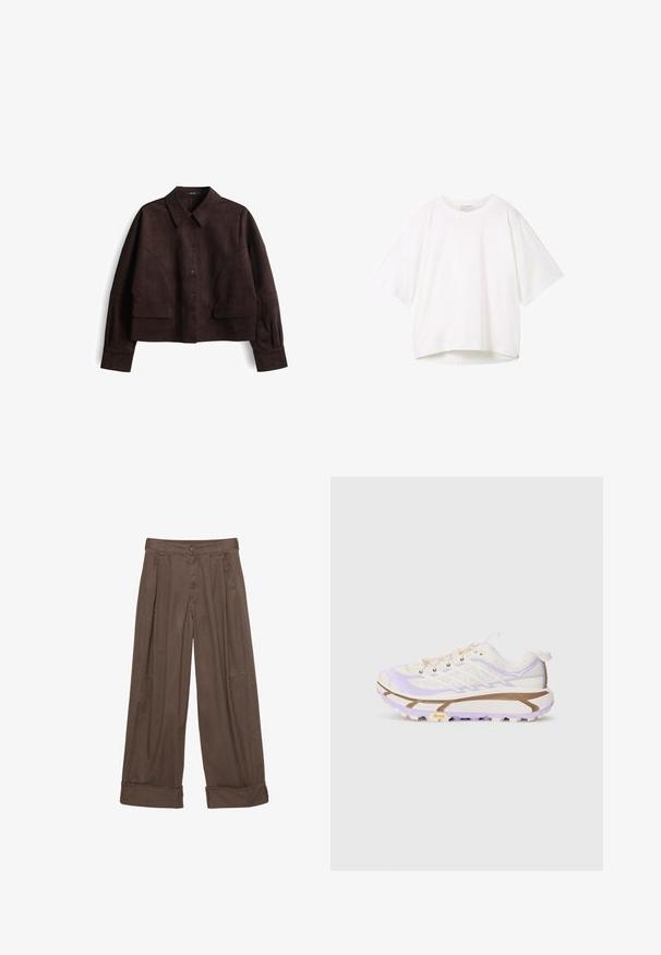 Bruine suède cropped jack met een knoopsluiting aan de voorkant, een opstaand kraag, lange mouwen en grote opgestikte zakken aan de voorkant. Zachte textuur en minimalistisch ontwerp.; Witte t-shirt met korte mouwen, ronde halslijn, ontspannen pasvorm en een licht gebogen zoom. Gemaakt van soepele, zachte stof met minimale naden.; Bruine wijde broek van katoen, met een knoopsluiting, geplooide voorkant en opgerolde manchetten voor een relaxte pasvorm.; Lichte hardloopschoenen met een crème en lavendel kleurige mesh bovenkant, versterkte rubberen zool en kenmerkende groeven voor grip.