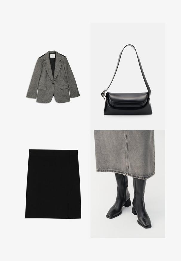 Šedý herringbone blazer se strukturovaným designem, klopu typu notch, dvěma předními kapsami a černými akcenty na ramenou. Uzavírání na jeden knoflík.; Olivově zelený pletený svetr s kulatým výstřihem, dlouhými rukávy a žebrovaným lemem. Má zkrácený střih a měkký, texturovaný povrch.; Černá mini sukně z jemné tkaniny s přiléhavým střihem, která má mírný rozparek na boku pro přidaný detail.; Černé kozačky do půli stehen z hladké kůže se čtveratou špičkou a blokovým podpatkem. Nosené s šedou džínovou sukní s třepeným lemem.; Černá kožená kabelka se strukturovaným tvarem, hladkým povrchem a jedním ramenním popruhem. Obsahuje jemně zaoblený design klopy.
