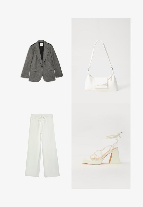 Grå herringbone blazer med en strukturerad design, kavajkrage, två framfickor och svarta detaljer på axlarna. En knappslutning.; Ljus beige kortärmad t-shirt med rund halsringning, tillverkad av mjuk, slät tyg. Har en avslappnad passform och rak nederkant.; Vita vida byxor i mjukt tyg. Har en elastisk midja med dragsko och en slät yta. Inga synliga mönster eller metalldetaljer.; Vit högklackad sandal med en kraftig klack, med ett remdesign och ankelband. Slät textur med en plattform framtill för ökad höjd.; Vit syntetisk handväska med triangulär form, platt framklaff och rosettdetalj, justerbar rem, slät textur och minimalistisk design.