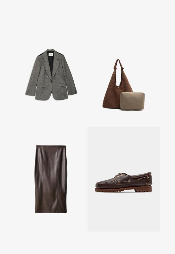 Sivý blazer v rybacej kosti so štruktúrovaným dizajnom, klopovými goliermi, dvoma prednými vreckami a čiernymi akcentmi na pleciach. Zapínanie na jeden gombík.; Polo tričko s dlhým rukávom v off-white rebrovanej látke s golierom a piatimi kovovými gombíkmi vpredu. Priliehavý strih.; Hnedá kožená sukňa na ceruzku s hladkou textúrou, po kolená, s vertikálnymi švami pre dizajn. Bez ďalších kovových prvkov alebo akcentov.; Hnedé kožené loďkové topánky so zlatými očkami, okrúhlymi šnúrkami a štruktúrovanou hnedou gumovou podrážkou. Obsahuje prešívané detaily a vyvýšené logo.; Hnedá semišová taška cez rameno s uzlovým popruhom, ktorá obsahuje malý béžový zipsový vrecko. Taška má jemnú textúru a jednoduchý dizajn.