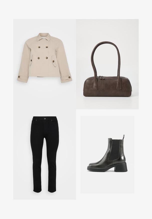 Bežna dvoredna jakna s ovratnikom, dvema sprednjima žepoma in mesinganimi gumbi. Ima skrajšano dolžino in teksturirano tkanino.; Rjav mohair pulover z diamantnim vzorcem v bež, svetlo rjavi in krem barvi. Okroglo izrezan ovratnik in rebrasti manšeti, mehak na otip.; Črne kavbojke iz denima s oprijetim krojem, petimi žepi, sprednjo zaponko in rahlo raztegljivim materialom za udobje. Ravna, gladka tekstura z minimalnimi detajli.; Črne usnjene gležnjarje z gladko površino, elastičnimi stranskimi paneli in masivnim petami. Imajo praktično zanko za lažje obuvanje.; Rjava usnjena torbica z dvema trdnima ročkama, pravokotne oblike, gladke teksture in zadrgo. Minimalističen dizajn brez vidnih vzorcev.; Srebrni kovinski uhani z valovitim, skulpturalnim dizajnom, ki se ponašajo s poliranim zaključkom in nerednimi oblikami, kar poudarja sodobno estetiko.