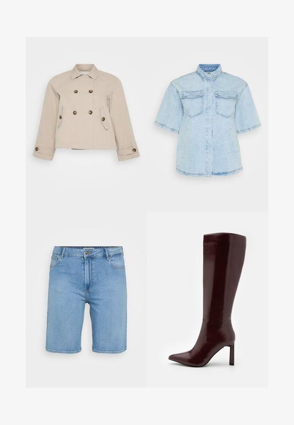 Bežna dvoredna jakna s ovratnikom, dvema sprednjima žepoma in mesinganimi gumbi. Ima skrajšano dolžino in teksturirano tkanino.; Svetlo modra denim srajca s kratkimi rokavi, ki ima dva sprednja žepka in je okrašena z majhnimi srebrnimi žebljički.; Svijetloplave traper šorts hlače klasičnog kroja, s prednjim zatvaranjem na dugme, petljama za remen i dva bočna džepa. Glatka tekstura i ravni rub.; Even&Odd Škornji - dark red