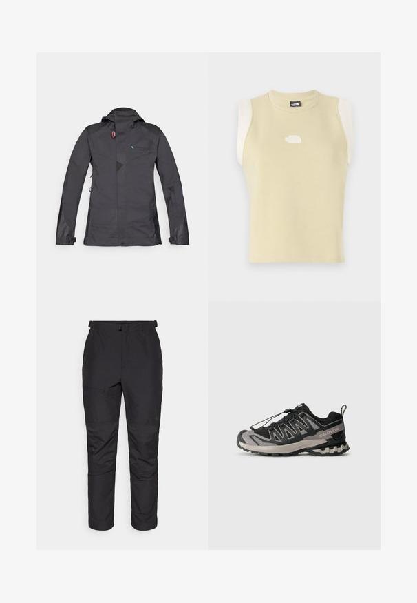 Črna vodoodporna jakna s kapuco, z zadrgo na sprednji strani, mrežastimi detajli in modrim logotipom. Vključuje nastavljive manšete in subtilen geometrijski vzorec.; Bezrokavnik iz pastelno rumenega bombaža z okroglim izrezom. Vsebuje kontrastne kremne ramenske plošče in teksturiran logo na prsih.; Črne zunanje hlače iz lahkega materiala, z gladko teksturo, elastičnim pasom, žepom na zadrgo in panelaškim detaljem na spodnjem delu nog. ; Črne in sive športne čevlje z mrežasto zgornjim delom, gumijastim podplatom in elastiko za vezalke. Imajo ojačan prst in teksturirane detajle.