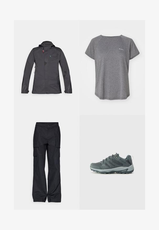 Schwarze wasserdichte Jacke mit Kapuze, mit Reißverschluss vorne, Mesh-Akzenten und blauem Logo. Verfügt über verstellbare Bündchen und ein dezentes geometrisches Design.; Graues Kurzarmshirt mit einem subtilen Strukturmuster, Rundhalsausschnitt und Columbia-Logo auf der Brust. Weicher Stoff, lässige Passform.; Columbia BREA FALLS™ COTTON RIPSTOP PANT - Outdoor-Hose - black; Dunkelgraue Wanderschuhe mit Obermaterial aus Mesh und Wildleder, Schnürdesign, gepolsterter Sohle und robuster Außensohle mit Grip-Muster.