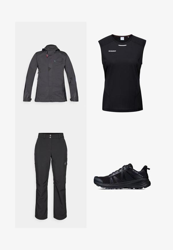 Czarna wodoodporna kurtka z kapturem, z zamkiem z przodu, siateczkowymi akcentami i niebieskim logo. Posiada regulowane mankiety oraz subtelną geometrię wzoru.; Mammut - Top; Czarne spodnie outdoorowe o prostym kroju, z zapięciem na guzik, zapinanymi na zamek bocznymi kieszeniami oraz naszywką z logo na lewej udzie.; Czarne buty do biegania w terenie z siateczkową cholewką i gumową podeszwą. Posiadają teksturowane wstawki, wzmocniony czubek oraz logo marki na pięcie.