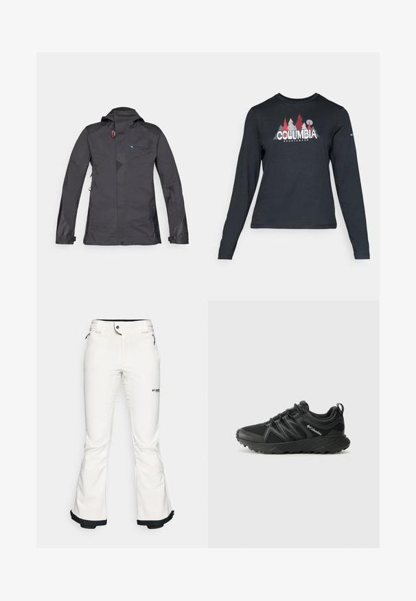 Sort vandtæt jakke med hætte, der har lynlås foran, mesh detaljer og et blåt logo. Inkluderer justerbare manchetter og et subtilt geometrisk design.; Langærmet mørkegrå skjorte med grafik af røde træer og bjerge; "COLUMBIA" logo i fed hvid tekst. Blødt stof, standard rund hals.; Hvide skibukser lavet af blødt, fleksibelt materiale. Har en tætsiddende talje, brede udvidede ben og sort trim ved manchetterne. Brandlogo synligt.; Columbia PEAKFREAK - Hikingsko - black