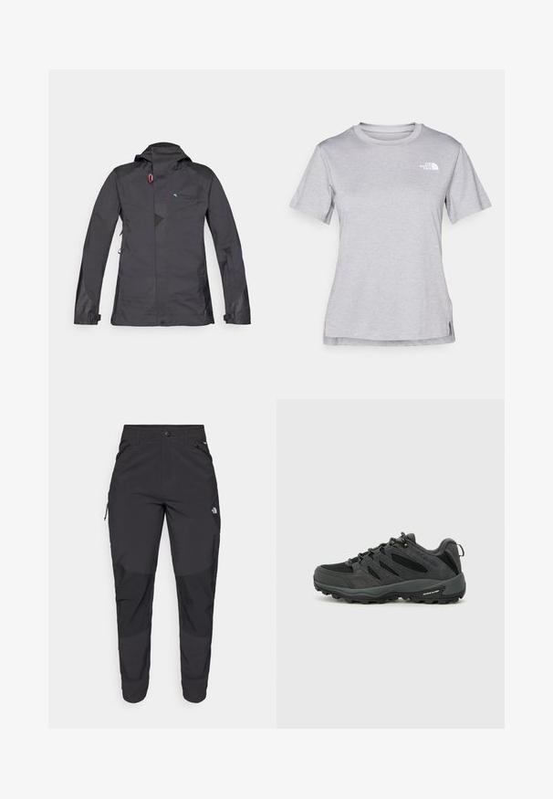 Musthave vihmane must jope, millel on kapuuts, ees lukk, võrksed detailid ja sinine logo. Sisaldab reguleeritavaid mansette ja diskreetset geomeetrilist mustrit.; Hall juppuvarrega, pehmeast, niiskust eemaletõukavast kangast lühikeste varrukatega hall T-särk. Omab ümarat kaelust ning väikest valget logo vasakul ülal.; Must black välitingimustes püksid, mis on valmistatud vastupidavast kangast. Omavad lukugaTaskuid, tugevdatud põlvepaneele ja sirget lõiget liikuvuse tagamiseks.; Columbia REDMOND - Matkajalatsid - black/citron haze