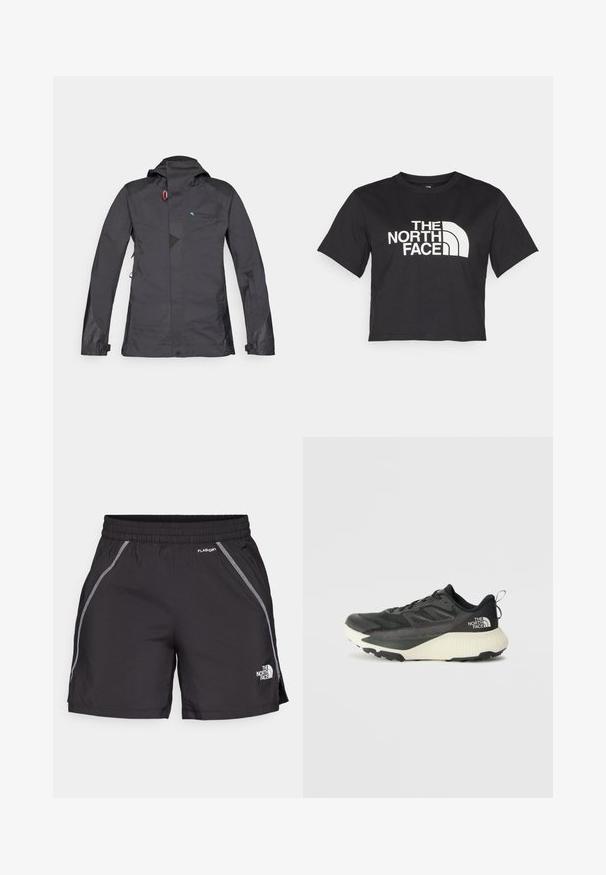 Schwarze wasserdichte Jacke mit Kapuze, mit Reißverschluss vorne, Mesh-Akzenten und blauem Logo. Verfügt über verstellbare Bündchen und ein dezentes geometrisches Design.; Schwarzes, tailliertes T-Shirt aus Baumwolle mit einem weißen Logo mit geschwungenen Akzenten und dem Text "THE NORTH FACE" auf der Vorderseite. Kurze Ärmel, Rundhalsausschnitt.; Schwarze Sportshorts aus leichtem Material verfügen über einen elastischen Bund, reflektierende Details und das Logo "The North Face" an der linken Seite.; Schwarzer Sportschuh mit strukturiertem Obermaterial, ausgestattet mit grauen Akzenten und einer weißen Zwischensohle. Enthält eine Zuglasche und ein markantes Markenlogo an der Ferse.