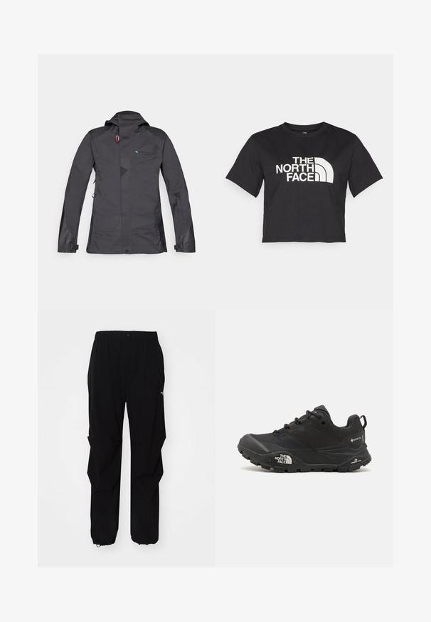 Schwarze wasserdichte Jacke mit Kapuze, mit Reißverschluss vorne, Mesh-Akzenten und blauem Logo. Verfügt über verstellbare Bündchen und ein dezentes geometrisches Design.; Schwarzes, tailliertes T-Shirt aus Baumwolle mit einem weißen Logo mit geschwungenen Akzenten und dem Text "THE NORTH FACE" auf der Vorderseite. Kurze Ärmel, Rundhalsausschnitt.; Schwarze Outdoor-Hosen aus langlebigem Material, mit lockerer Passform, elastischem Bund und verstellbaren Bündchen für variable Längen.; Schwarzer Wanderschuh mit einer strukturierten Oberfläche, Schnürverschluss und einer massiven Gummisohle, die auf der Seite ein ausgeprägtes Logo sowie Profilmuster zeigt.