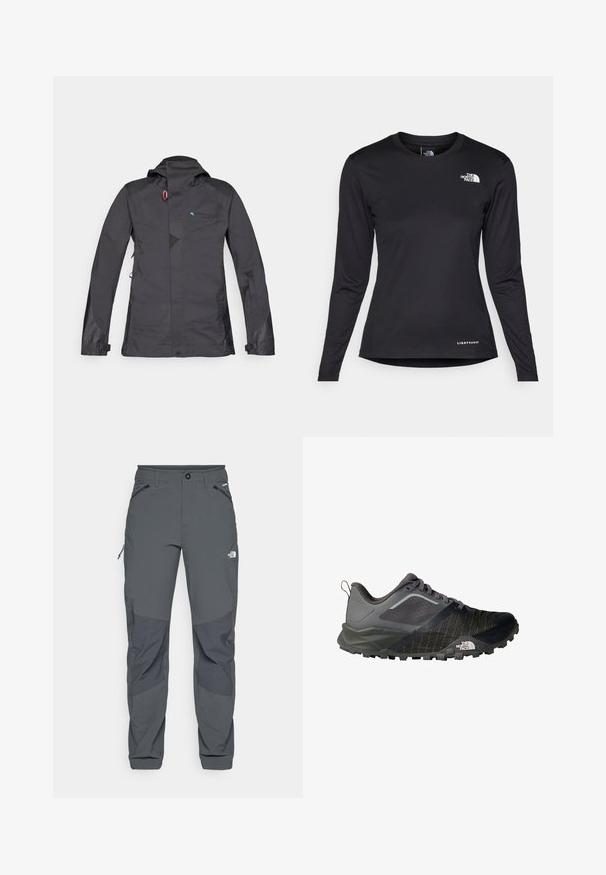 Čierna nepromokavá bunda s kapucňou, so zipsom vpredu, sieťovými akcentmi a modrým logom. Obsahuje nastaviteľné manžety a jemný geometrický vzor.; The North Face SHADOW LONG SLEEVE - Top s dlhým rukávom - black; Tmavošedé vonkajšie nohavice s vystuženými kolenami, so zipsom na bočných a predných vreckách, zapínaním na gombík a logom The North Face na stehne.; Botlâ na trail running v tmavo sivej farbe s čiernymi akcentmi, s priedušným zvrškom, textúrovanou podrážkou a výrazným logom na boku.