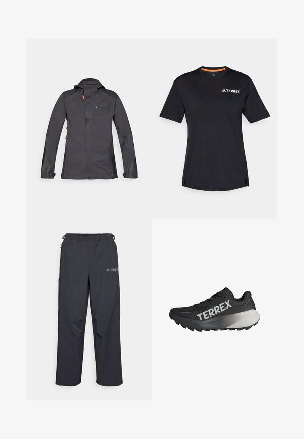 Svart vattentät jacka med huva, med dragkedja fram, nätinslag och en blå logotyp. Inkluderar justerbara ärmslut och diskret geometrisk design.; Svart kortärmad T-shirt med rund halsringning, med en subtil melerat struktur och vit "TERREX"-logotyp på den övre vänstra sidan.; Svarta, lätta utomhusbyxor med ett elastiskt midjeband, fickor på sidorna och en logotyp på övre högra benet. Slät, vattentålig tyg.; Svart löparskor med en texturerad ovandel, framträdande "TERREX"-logotyp i vitt, avsmalnande sula och en grå gradientaccents på hälen.
