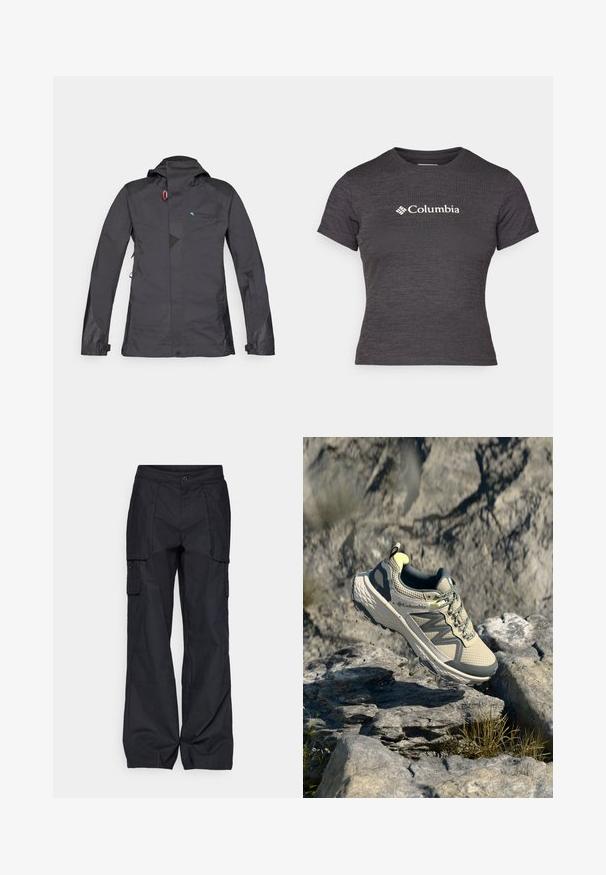 Musta vedenpitävä takki hupulla, jossa on vetoketjukiinnitys, verkkokohdistuksia ja sininen logo. Mukana säädettävät hihansuut ja hillitty geometrinen kuvio.; T-paita, jossa on lyhyet hihat ja tummanharmaa väri, valmistettu tekstuurista kankaasta. Pyöreä kaula-aukko, jossa on valkoinen Columbia-logo rinnassa.; Columbia BREA FALLS™ COTTON RIPSTOP PANT - Ulkohousut - black; Columbia juoksukengät vaaleassa beigessä ja harmaassa. Verkko-osa, jossa on tekstuurisia yksityiskohtia, kumipohja ja heijastavat yksityiskohdat. Kevyt muotoilu.