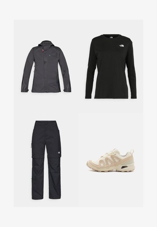 Casaco preto à prova d'água com capuz, apresentando um fecho de correr na frente, detalhes em malha e um logotipo azul. Inclui punhos ajustáveis e um design geométrico subtil.; T-shirt preto de mangas longas, feito de algodão, com decote redondo. Apresenta um pequeno logótipo branco na área esquerda do peito. Design simples e ajuste confortável.; Calças cargo pretas em nylon com fechos de correr removíveis, punhos ajustáveis, múltiplos bolsos e um logótipo na perna direita. Textura suave e leve.; Sapatilha atlética beige e creme com parte superior em malha texturizada, sobreposições de suporte e sola de borracha com um padrão de cravo para tração.