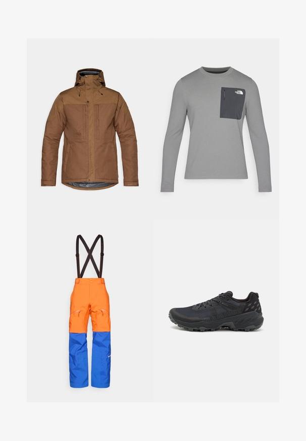 Hnedá izolovaná bunda s kapucňou, predným zipsom a patentnými uzávermi, dvoma vreckami na hrudi a po stranách, a nastaviteľnými zápästnými popruhmi.; Dlhý rukáv šedá košeľa s textúrovanou tkaninou, s tmavošedou náprsní kapsou a zipsom. Logo na kapse v bielej farbe.; Oranžové a modré nepremokavé nohavice s čiernymi nastaviteľnými trakovými popruhmi, prednými zipsovými vreckami a zosilnenými panelmi na kolenách pre vonkajšie aktivity.; Čierne trailové bežecké topánky s textúrovaným sieťovaným vrchom a gumovou podrážkou; vlastnosti zahŕňajú šnúrky, polstrovaný golier a detaily s logom.