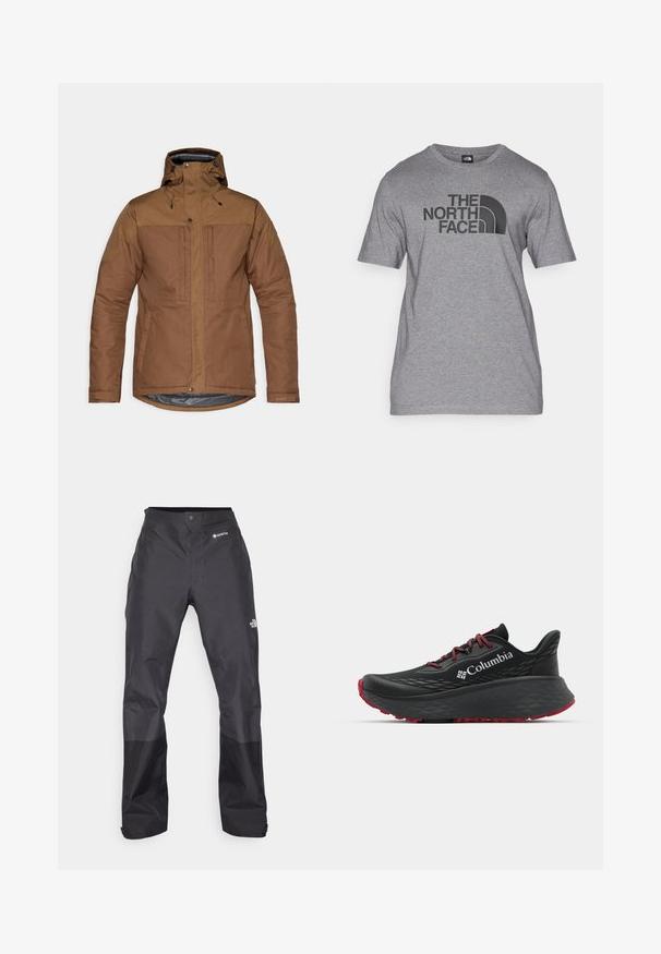Brun isoleret jakke med hætte, frontlynlås og trykknaplukninger, to bryst- og sidelommer samt justerbare håndledsremme.; Grå kortærmet t-shirt lavet af bomuldsblanding, med et sort grafisk print af "THE NORTH FACE" og en buet logo detalje foran.; Sorte vandtætte bukser med en glat tekstur, der har et GORE-TEX-logo på fronten og forstærkede nederste ben for holdbarhed.; Sort atletisk sko med struktureret overdel, røde snørebånd og logo. Tykk sål med mønstret bund for godt greb. Minimalistisk design, set fra siden.