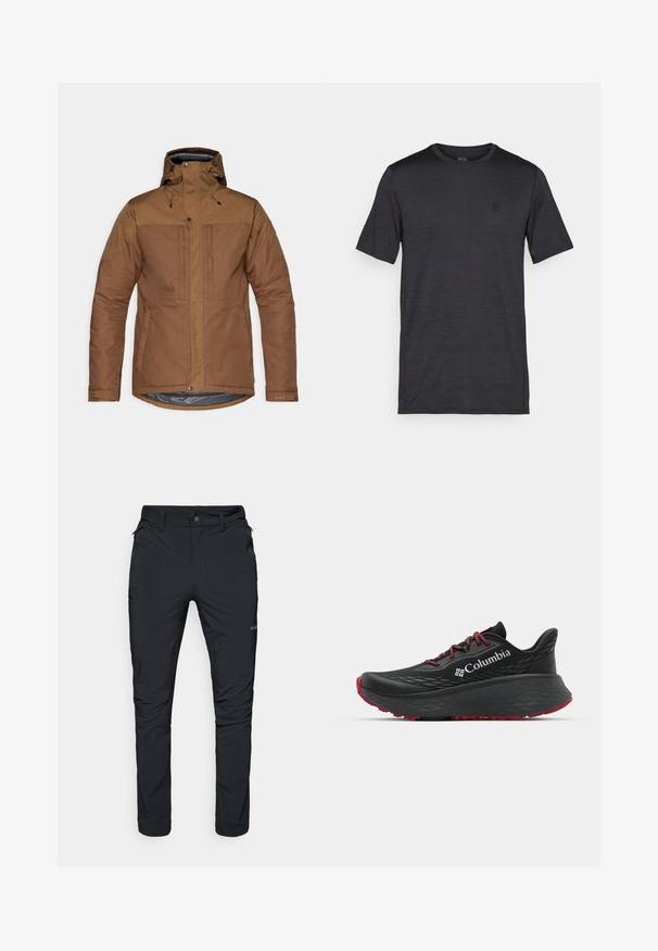 Giacca isolante marrone con cappuccio, zip frontale e chiusure a pressione, due tasche sul petto e laterali, e cinturini regolabili sui polsi.; Maglietta nera a maniche corte realizzata in tessuto leggero e morbido. Presenta un collo tondo e un logo ricamato sul petto.; Pantaloni neri da esterno con vestibilità dritta, dotati di tasche con zip, passanti per cintura e una texture in tessuto leggera e resistente.; Scarpa sportiva nera con tomaia testurizzata, lacci rossi e logo. Suola spessa con battistrada a righe per una buona aderenza. Design minimalista, vista laterale.