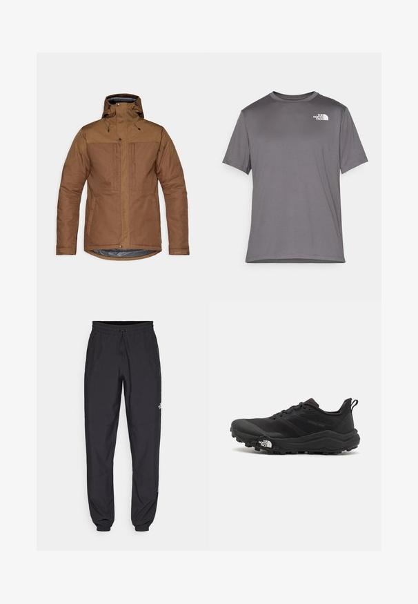 Hnedá izolovaná bunda s kapucňou, predným zipsom a patentnými uzávermi, dvoma vreckami na hrudi a po stranách, a nastaviteľnými zápästnými popruhmi.; Sivý športový tričko s krátkym rukávom vyrobené z hladkej, ľahkej tkaniny. Na ľavej časti hrude má biele logo. Dizajn s okrúhlym výstrihom.; Čierne športové nohavice vyrobené z ľahkej tkaniny, s elastickým pásom na šnurovanie, bočnými vreckami a zúženými manžetami na členkoch.; Čierne trailové behacie topánky s štruktúrovaným zvrškom, gumovou podrážkou a vystuženou špičkou. Obsahuje polstrovaný golier a úchyt na jednoduché obúvanie.