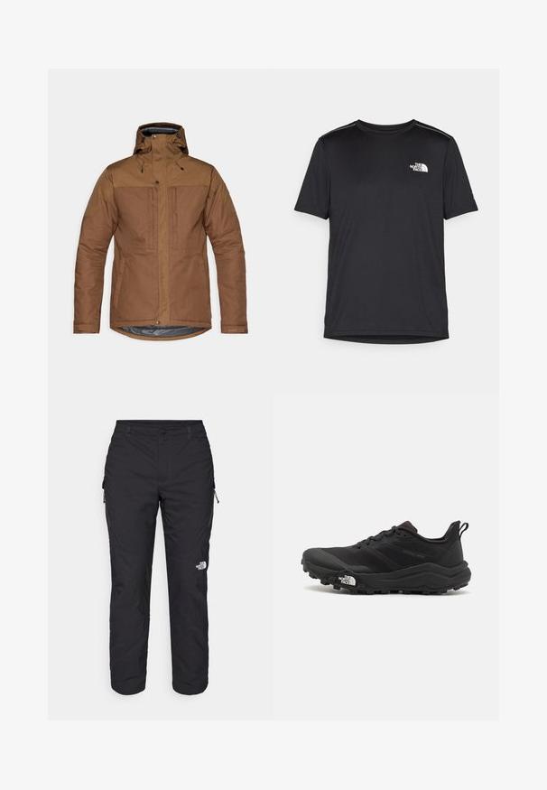 Brązowa kurtka izolowana z kapturem, przednim zamkiem błyskawicznym i zatrzaskami, dwoma kieszeniami na piersi i po bokach oraz regulowanymi mankietami.; Czarny t-shirt z krótkim rękawem, wykonany z lekkiego materiału. Posiada małe białe logo na lewej piersi oraz subtelne akcenty na ramionach.; The North Face WINTER EXPLORATION czarny; Czarne buty do biegania w terenie z teksturowaną cholewką, gumową podeszwą i wzmocnionym noskiem. Posiadają wyściełany kołnierz oraz uchwyt do łatwego zakładania.