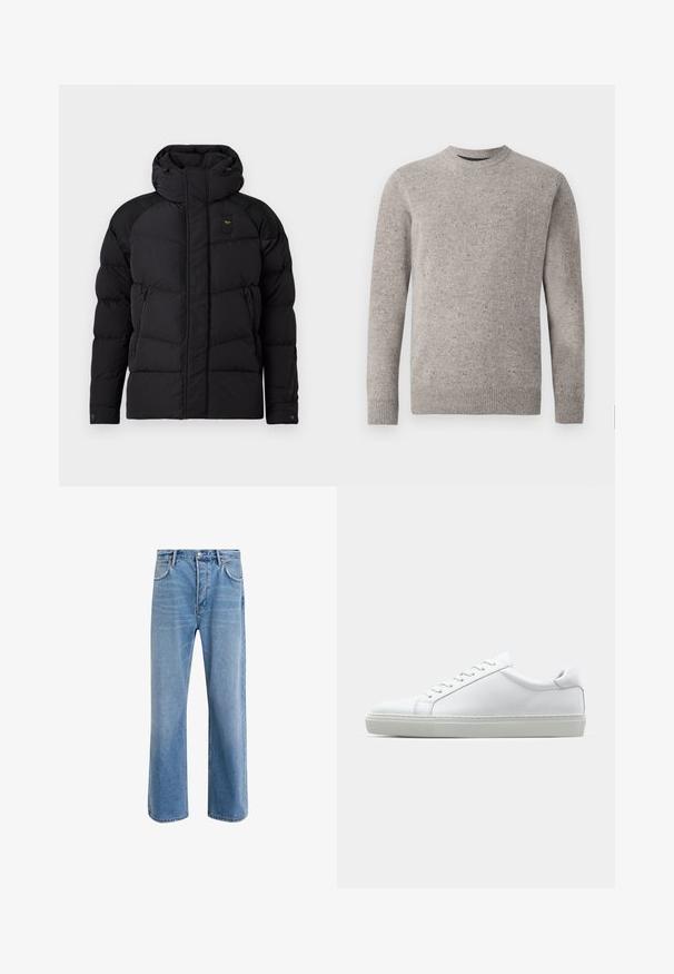 Schwarze Puffjacke mit hohem Kragen und Kapuze. Verfügt über ein gestepptes Design, zwei seitliche Reißverschlusstaschen und kontrastierende Schulterakzente.; Hellgrauer gestrickter Pullover mit Rundhalsausschnitt, langen Ärmeln und gerippten Bündchen und Saum. Strukturiertes Muster mit Farbklecksen.; Helle blaue Jeans im Geradeschnitt-Design, mit fünf Taschen, Knopfverschluss, minimaler Ausbleichung und kontrastierenden Nähdetails.; Weißer Sneaker mit glattem Lederobermaterial und niedrigem Profil. Verfügt über eine runde Zehenpartie, sechs Ösen und eine strukturierte Gummisohle.