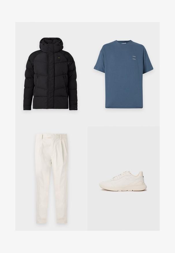 Sort pufferjakke med høj krave og hætte. Har quiltet design, to sidelommer med lynlås og kontrastfarvede skulderdetaljer.; Blå bomulds t-shirt med klassisk rund hals, korte ærmer, afslappet pasform og to små trykte logoer på brystet. Glat tekstur.; Hvide, plisserede bukser med en skræddersyet pasform, der har en glat overflade, bæltestropper og smalnede ben. Ingen synlige lommer eller mønstre.; Hvide sneakers lavet af struktureret materiale, med en glat sål, snørebånd foran og diskret branding på hælen. Minimalistisk design.