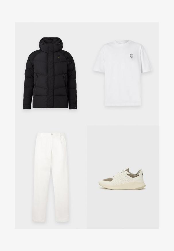 Melnā pūkainā jaka ar augstu apkakli, kas iezīmējas ar pārmērīgi izšūtām daļām, sānu rāvējslēdzēja kabatām un kontrastējošiem melniem plecu paneļiem.; Bāla kokvilnas t-kreklu ar brīvu piegulšanu, kuram uz kreisā krūšu apvidus ir neliels melns grafiskais logotips. Īsas piedurknes, apaļas kakla izgriezums.; Baltas bikses, izgatavotas no gludas auduma, ar taisnu kāju dizainu, priekšējiem krokām un vienu pogu aizdari jostasvietā.; Baltas un gaiši bež sporta apavi, ar sieta augšdaļu, perforētiem detaļām un teksturētu vidusdaļu ar zīmolu uz papēža.