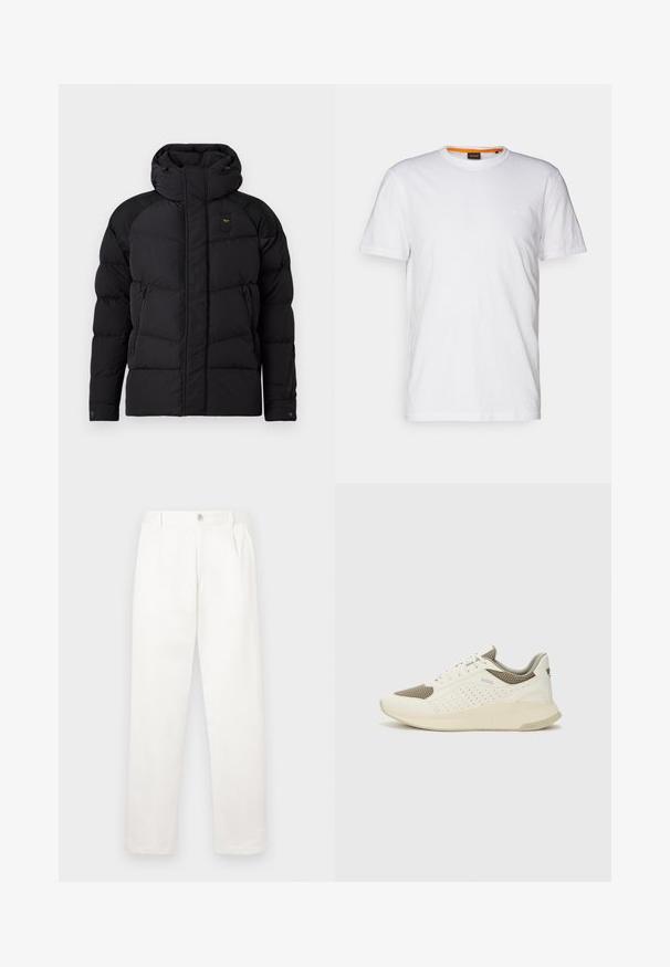Must must jacket kõrge krae ja kapuutsiga. Omab tikandi mustrit, kahte külgmist lukuga taskut ja kontrastset õlavarre aktsenti.; Valge puuvillane T-särk ümmarguse kaelusega, lühikeste varrukatega ja rinna peal diskreetse reljeefse logoga. Siseetiketil on oranž detail.; Valged püksid, mis on valmistatud siledast kangast, sirge jala disainiga, ees olevate voldidega ja ühekordse nupuga vöökohtadel.; Valge ja heledat beeži värvi spordijalats, millel on õhuke võrkmaterjal, perforatsioonidega detailid ning tekstuuriga vahetald, millel on brändi logo kannaosas.