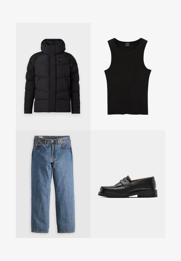 Černá péřová bunda s vysokým límcem a kapucí. Má prošívaný vzor, dvě postranní kapsy na zip a kontrastní akcenty na ramenou.; Černý žebrovaný tílko s kulatým výstřihem a širokými průramky, vyrobené z měkké, elastické tkaniny. Značka: Pull&Bear.; Modré denimové džínsy s rovním střihem, vysokým pasem, měděnými nýty a oranžovým prošíváním. Obsahují přední a zadní kapsy.; Černé kožené mokasíny mají zvýšený šev, dvě dekorativní pásky na svršku a silnou strukturovanou podrážku pro lepší přilnavost.