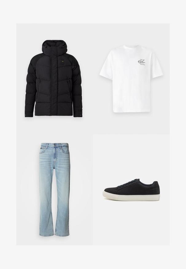 Black puffer jacket with a high collar and hood. Features quilted design, two side zip pockets, and contrasting shoulder accents.; White cotton t-shirt with short sleeves, crew neck, featuring a black CK logo on the left chest area, standard fit, smooth texture.; Light blue denim jeans with a straight-leg cut, featuring five pockets, a button closure, and subtle fading on the fabric.; Black suede sneaker with a rounded toe, white rubber sole, contrasting blue laces, and a smooth texture. Minimalist design with no visible logo.