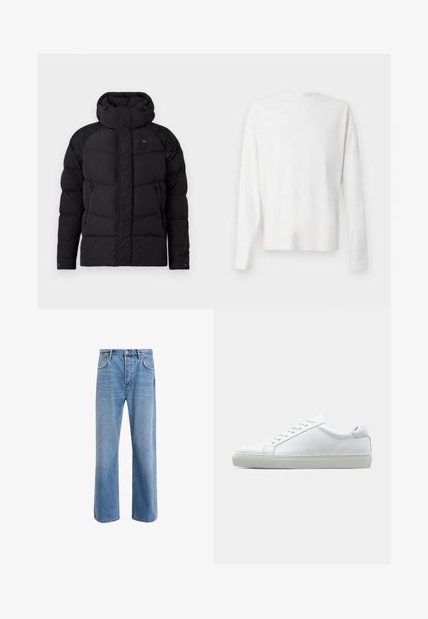 Melnā pūkainā jaka ar augstu apkakli, kas iezīmējas ar pārmērīgi izšūtām daļām, sānu rāvējslēdzēja kabatām un kontrastējošiem melniem plecu paneļiem.; Garums piedurkņu baltā kokvilnas krekls ar apaļu dekoltē, sānu šķēlumiem apakšā un gludu tekstūru, redzams no aizmugures.; Gai zilas džinsu bikses ar taisnām kājām, piecām kabatām, pogu aizvēršanu, minimālu izbalēšanu un kontrastējošiem šuvju elementiem.; Baltie sporta apavi ar gludu ādas virsu un zemu profilu. Iezīmējas ar noapaļotu purngalu, sešām acīm un teksturētu gumijas zoli.